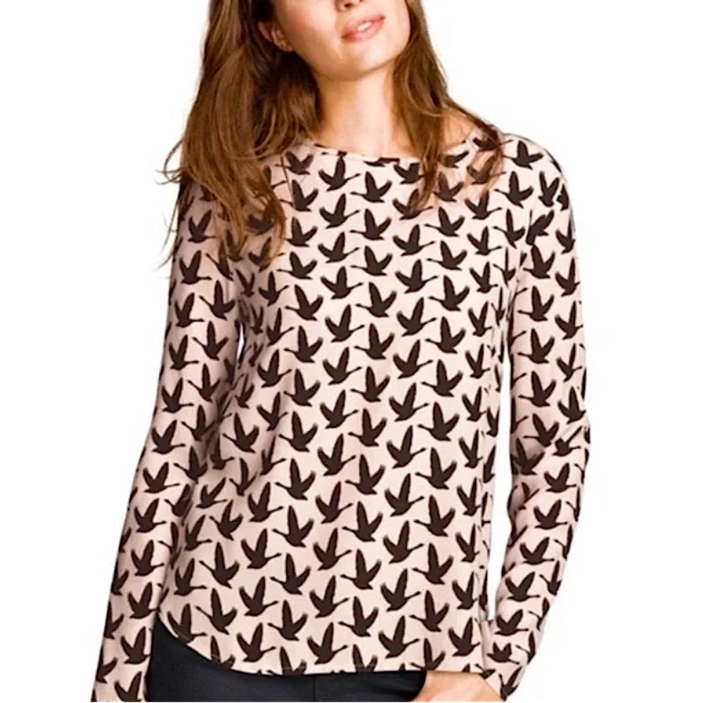 H&M Pink Bird Print Long Sleeve Button Down Blouse